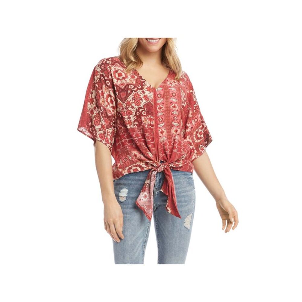 KAREN KANE Womens Tie Short Length Dry Clean Dolman Sleeve V Neck Tunic Top